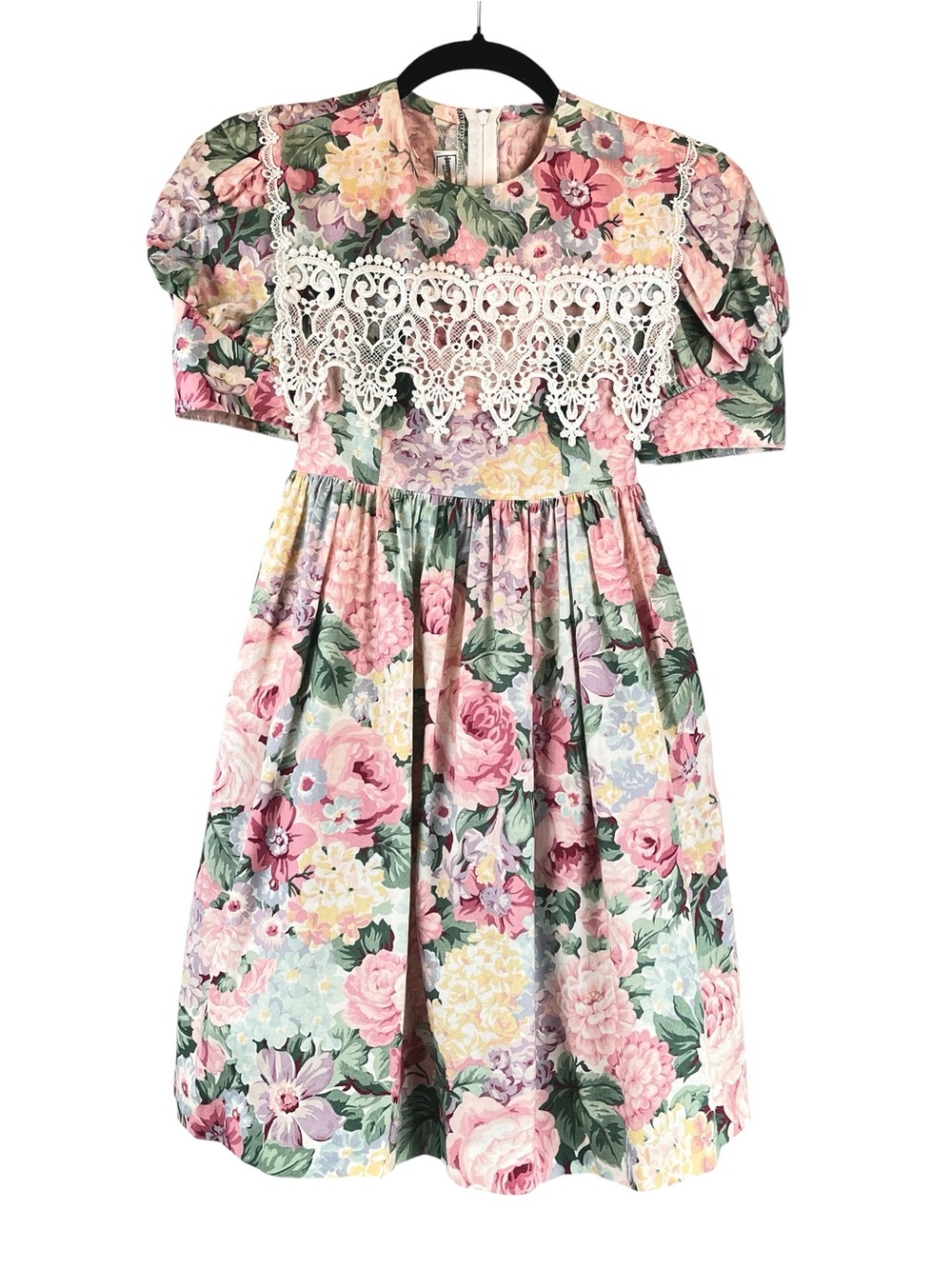 Vintage 80s Jessica McClintock Lace Yoke Floral Dress Pink Green Sz 8 Girls VTG